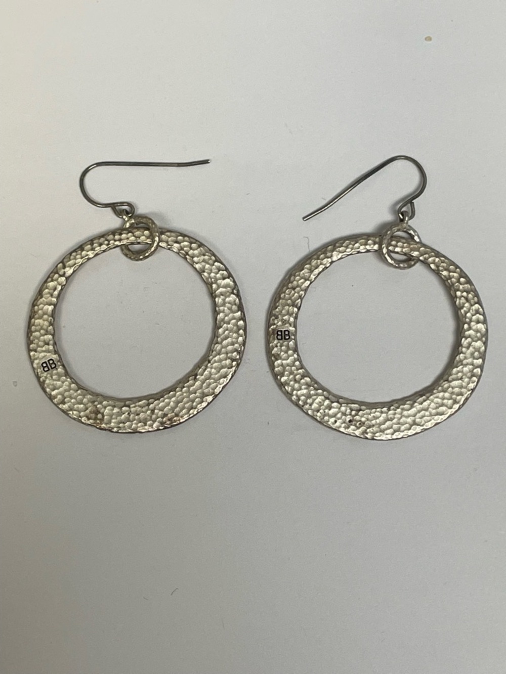 Hammered Silver Tone Hoop Earrings BB Stamp Boho Dangle Textured